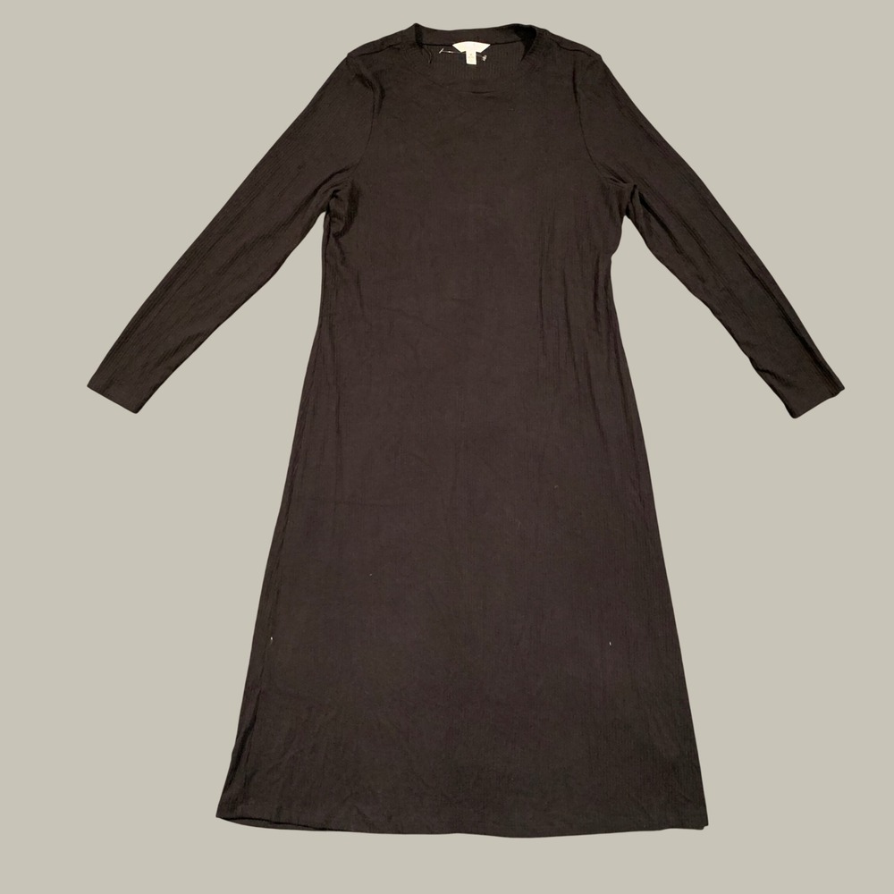 Time and Tru Ribbed Midi Dress Womens M 8-10 Black Long Sleeve Crew Neck Casual
